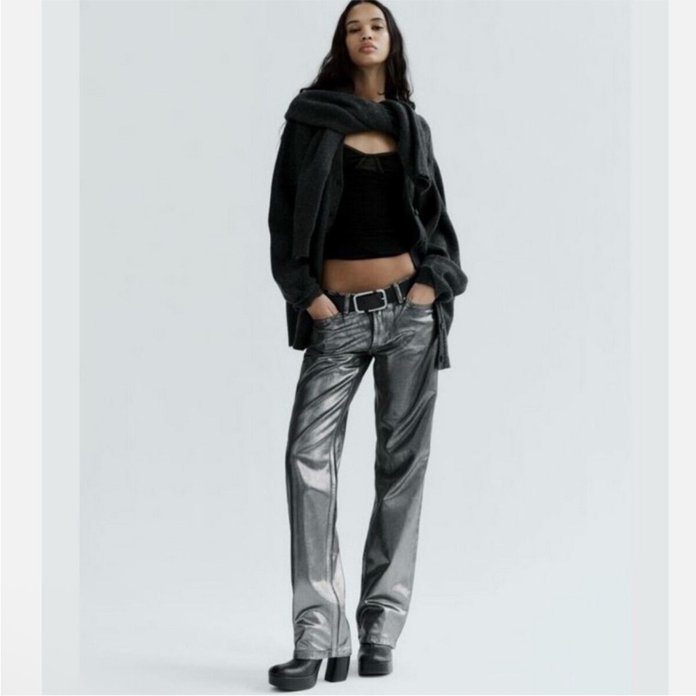 Zara Foil Metallic Shine Silver Black Straight Leg Relaxed 5 Pocket Jeans NEW